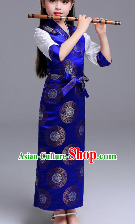 Traditional Chinese Zang Ethnic Girls Royalblue Dress Tibetan Minority Folk Dance Costume for Kids