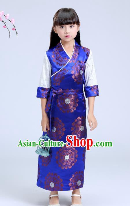 Traditional Chinese Zang Ethnic Girls Royalblue Brocade Dress Tibetan Minority Folk Dance Costume for Kids