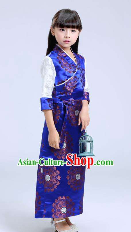 Traditional Chinese Zang Ethnic Girls Royalblue Brocade Dress Tibetan Minority Folk Dance Costume for Kids