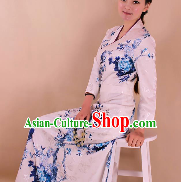 Traditional Chinese Zang Ethnic White Dress Tibetan Minority Kangba Folk Dance Costume for Women