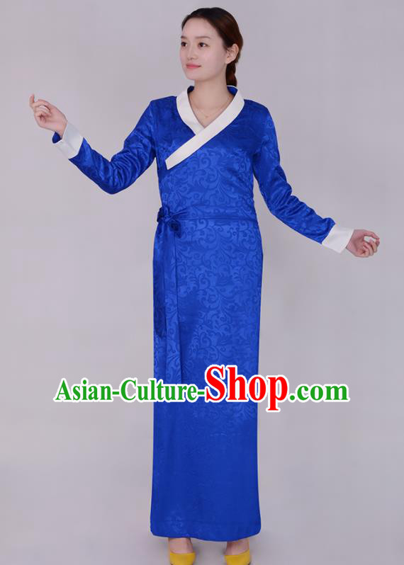 Traditional Chinese Zang Ethnic Folk Dance Royalblue Dress Tibetan Minority Costume for Women