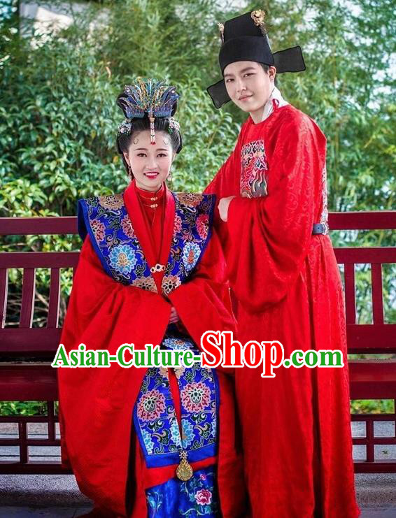 Traditional Chinese Ming Dynasty Wedding Hanfu Clothing Ancient Court Bride and Bridegroom Replica Costumes Complete Set