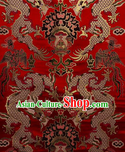 Asian Chinese Traditional Dragon Lotus Pattern Red Brocade Tibetan Robe Satin Fabric Silk Material