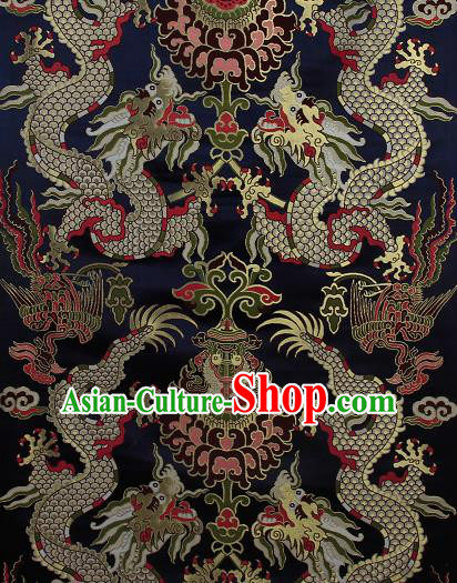 Asian Chinese Traditional Dragon Lotus Pattern Navy Brocade Tibetan Robe Satin Fabric Silk Material