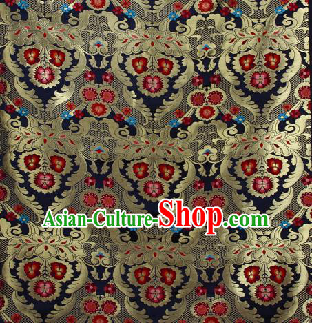 Asian Chinese Traditional Phoenix Galsang Flowers Pattern Navy Brocade Tibetan Robe Satin Fabric Silk Material