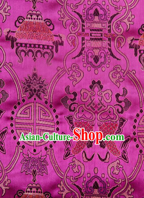 Asian Chinese Traditional Fish Lotus Pattern Rosy Brocade Tibetan Robe Satin Fabric Silk Material