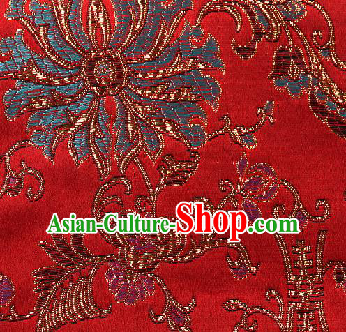 Asian Chinese Traditional Chrysanthemum Pattern Red Brocade Tibetan Robe Satin Fabric Silk Material