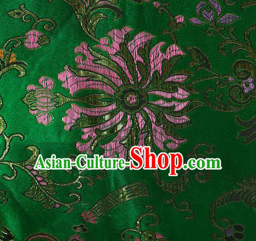 Asian Chinese Traditional Chrysanthemum Pattern Green Brocade Tibetan Robe Satin Fabric Silk Material