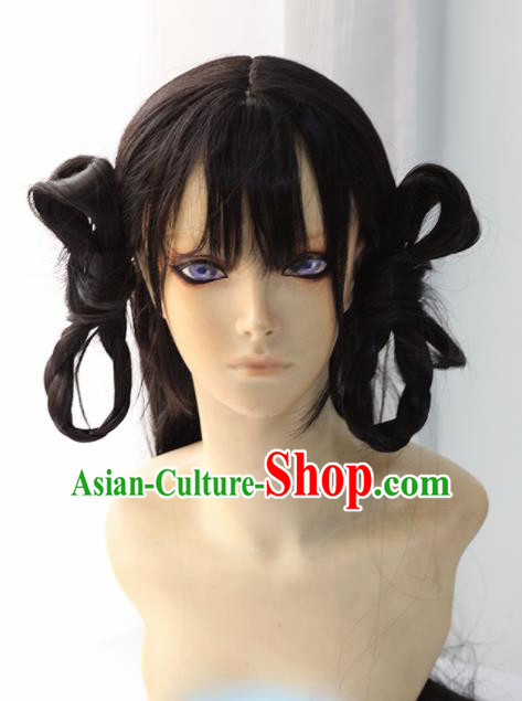 Chinese Traditional Cosplay Female Knight Black Hair Wigs Ancient Swordswoman Wig Sheath Hair Accessories for Women