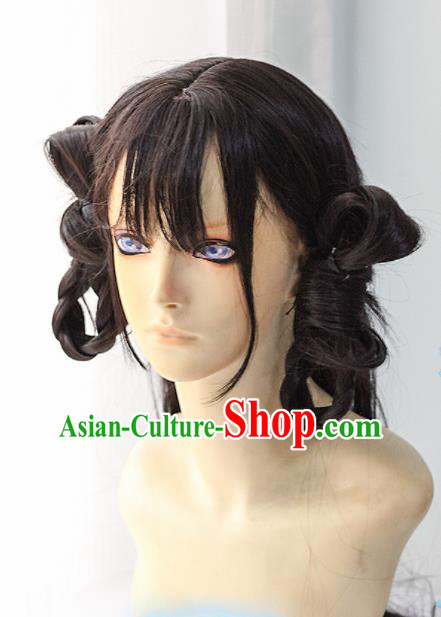 Chinese Traditional Cosplay Female Knight Black Hair Wigs Ancient Swordswoman Wig Sheath Hair Accessories for Women