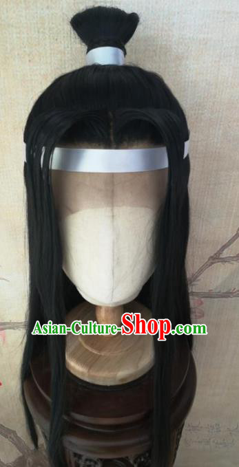 Traditional Chinese Cosplay Hanfu Swordsman Wigs Ancient Prince Nobility Childe Black Wig Sheath Hair Accessories for Men