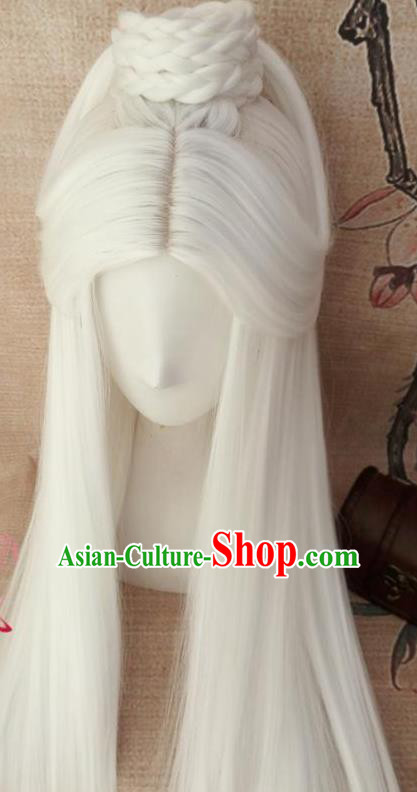 Traditional Chinese Cosplay Hanfu Old Swordsman White Wigs Ancient Taoist Priest Wig Sheath Hair Accessories for Men