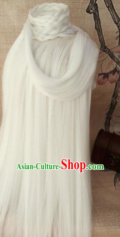 Traditional Chinese Cosplay Hanfu Old Swordsman White Wigs Ancient Taoist Priest Wig Sheath Hair Accessories for Men