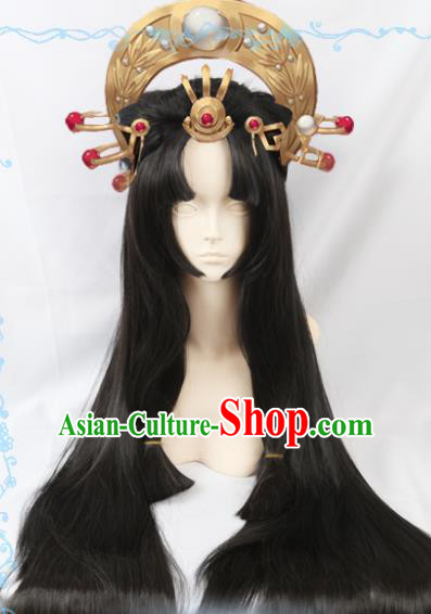 Japanese Traditional Cosplay Onmyoji Black Long Wigs Sheath Ancient Geisha Wig Hair Accessories for Women