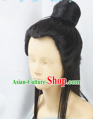 Chinese Traditional Cosplay Young Hero Black Wigs Ancient Swordsman Wig Sheath Hair Accessories for Men