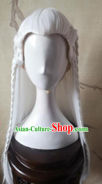 Traditional Chinese Cosplay Hanfu Swordsman White Wigs Ancient Taoist Priest Wig Sheath Hair Accessories for Men