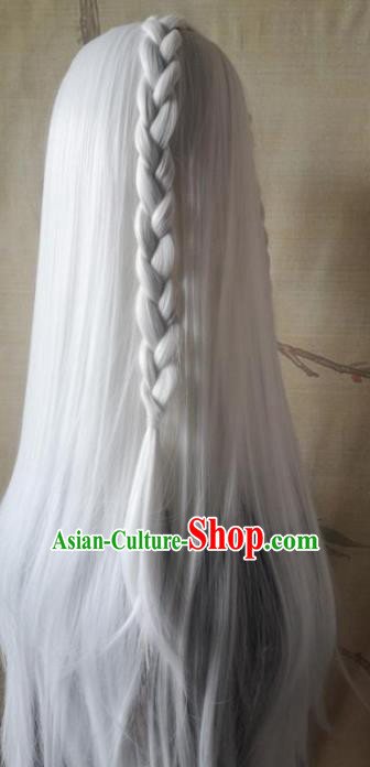 Traditional Chinese Cosplay Hanfu Swordsman White Wigs Ancient Taoist Priest Wig Sheath Hair Accessories for Men