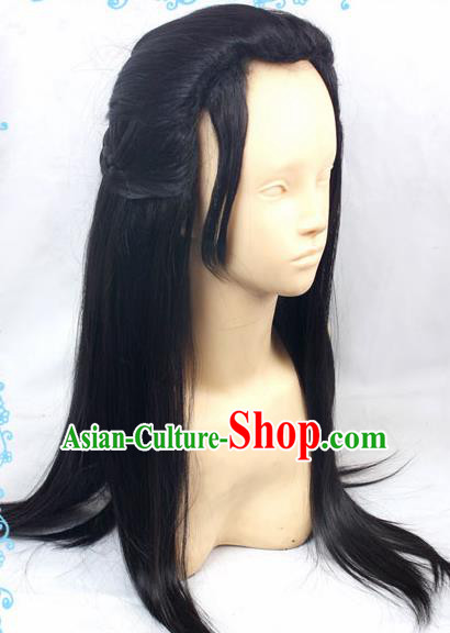 Chinese Traditional Cosplay Young Hero Black Long Wigs Ancient Swordsman Wig Sheath Hair Accessories for Men