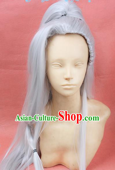 Chinese Traditional Cosplay Taoist White Long Wigs Ancient Swordsman Wig Sheath Hair Accessories for Men