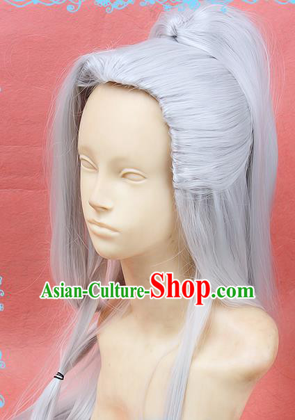 Chinese Traditional Cosplay Taoist White Long Wigs Ancient Swordsman Wig Sheath Hair Accessories for Men