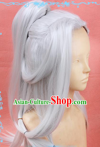 Chinese Traditional Cosplay Taoist White Long Wigs Ancient Swordsman Wig Sheath Hair Accessories for Men