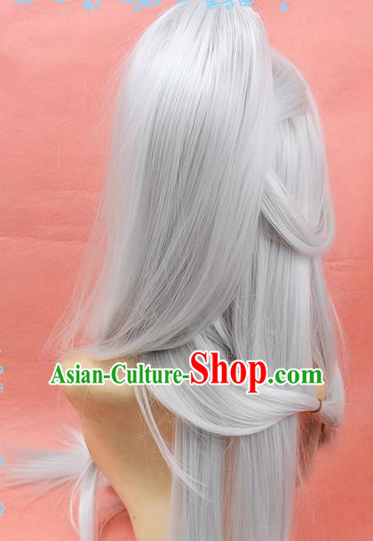 Chinese Traditional Cosplay Taoist White Long Wigs Ancient Swordsman Wig Sheath Hair Accessories for Men