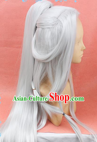 Chinese Traditional Cosplay Taoist White Long Wigs Ancient Swordsman Wig Sheath Hair Accessories for Men