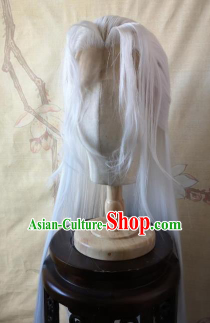 Traditional Chinese Cosplay Game Knight Taoist White Wigs Ancient Swordsman Wig Sheath Hair Accessories for Men