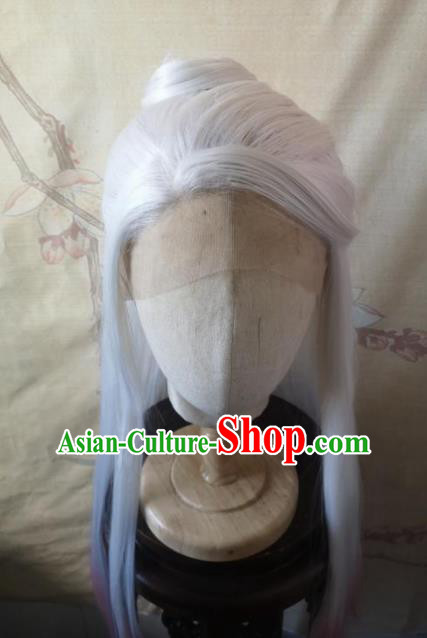 Traditional Chinese Cosplay Game Knight Patriarch White Wigs Ancient Swordsman Wig Sheath Hair Accessories for Men