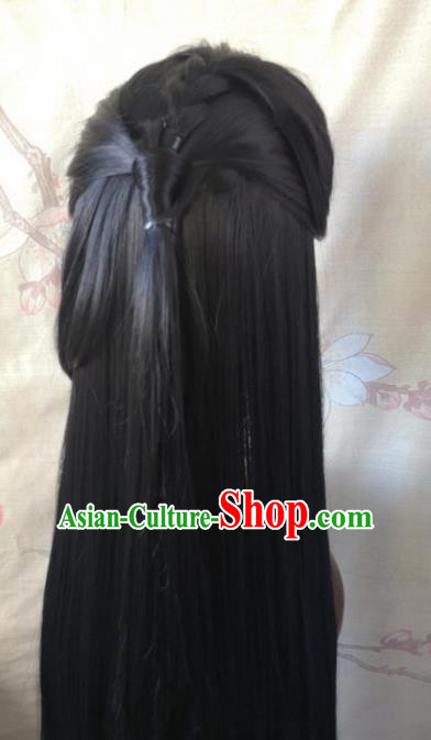 Chinese Traditional Cosplay Fairy Black Wigs Ancient Female Swordsman Wig Sheath Hair Accessories for Women