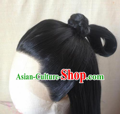 Traditional Chinese Cosplay Nobility Childe Black Wigs Ancient Swordsman Wig Sheath Hair Accessories for Men