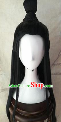 Traditional Chinese Cosplay Swordsman Lan Wangji Black Wigs Ancient Nobility Childe Wig Sheath Hair Accessories for Men