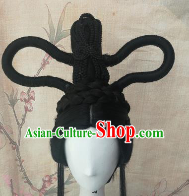 Chinese Traditional Cosplay Peri Swordswoman Black Wigs Ancient Court Princess Wig Sheath Hair Accessories for Women