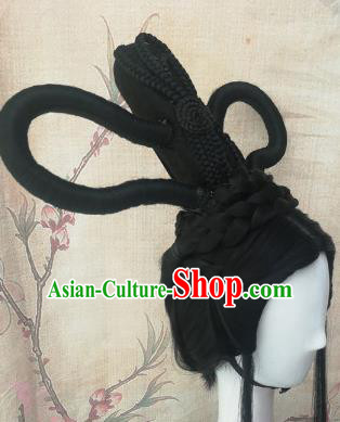 Chinese Traditional Cosplay Peri Swordswoman Black Wigs Ancient Court Princess Wig Sheath Hair Accessories for Women