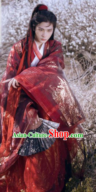 Traditional Chinese Jin Dynasty Swordsman Red Hanfu Clothing Ancient Nobility Childe Prince Wedding Replica Costumes for Men