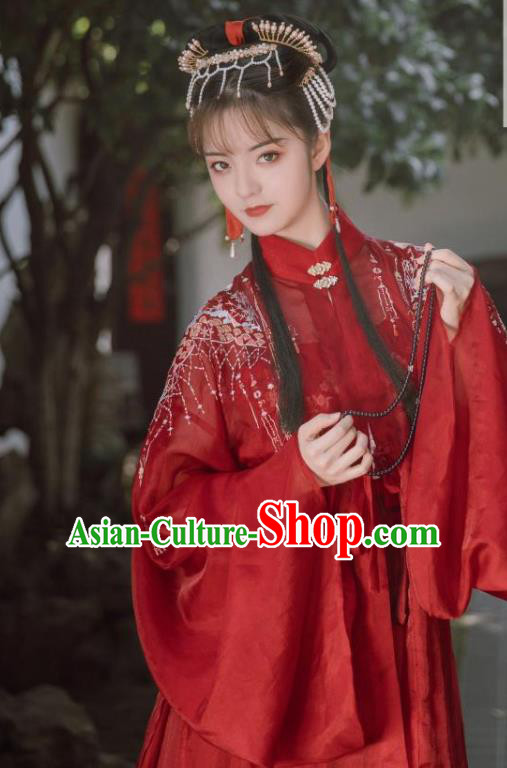 Traditional Chinese Ming Dynasty Rich Lady Red Hanfu Dress Ancient Bride Wedding Replica Costumes for Women
