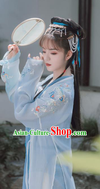 Traditional Chinese Song Dynasty Nobility Lady Blue Dress Ancient Hanfu Princess Replica Costumes for Women