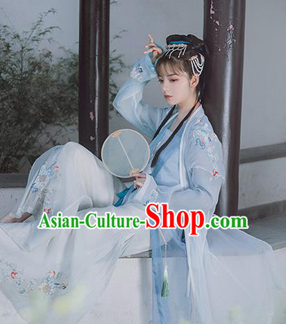 Traditional Chinese Song Dynasty Nobility Lady Blue Dress Ancient Hanfu Princess Replica Costumes for Women