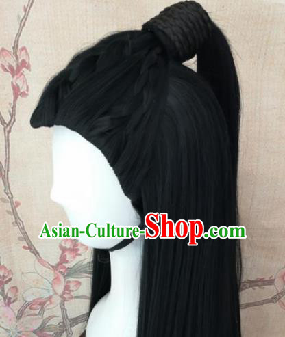 Traditional Chinese Cosplay Swordsman Black Wigs Ancient Prince Wig Sheath Hair Accessories for Men
