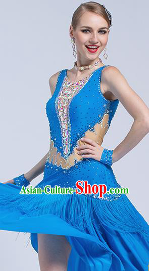 Top Grade Latin Dance Samba Blue Dress Modern Dance International Ballroom Dance Costume for Women