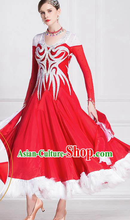 Top Grade Ballroom Dance Waltz Feather Red Dress Modern Dance International Dance Costume for Women