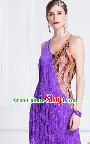 Top Grade Latin Dance Samba Purple Tassel Dress Modern Dance International Ballroom Dance Costume for Women