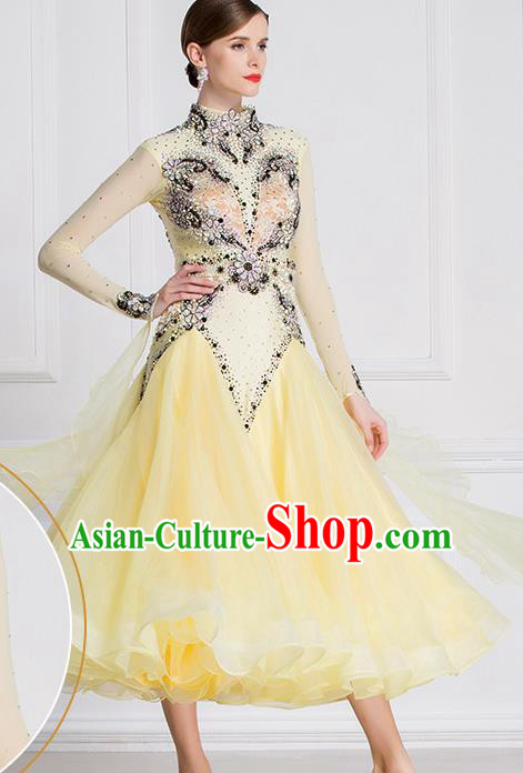 Top Grade International Waltz Dance Light Yellow Dress Ballroom Dance Modern Dance Competition Costume for Women