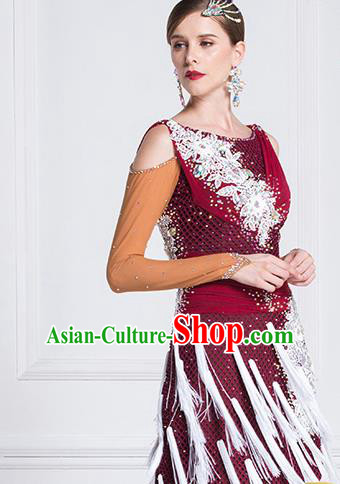 Top Grade Latin Dance Competition Samba Wine Red Dress Modern Dance International Ballroom Dance Costume for Women