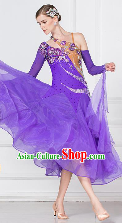 Professional International Waltz Dance Violet Dress Ballroom Dance Modern Dance Competition Costume for Women