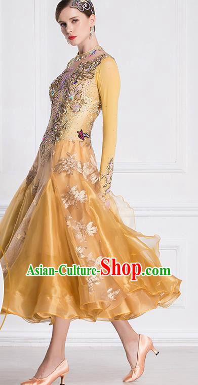 Professional International Waltz Dance Golden Dress Ballroom Dance Modern Dance Competition Costume for Women