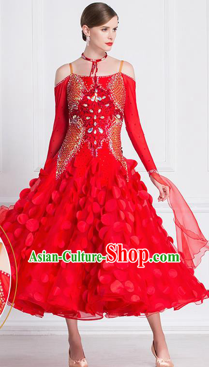 Professional International Waltz Dance Red Dress Ballroom Dance Modern Dance Competition Costume for Women