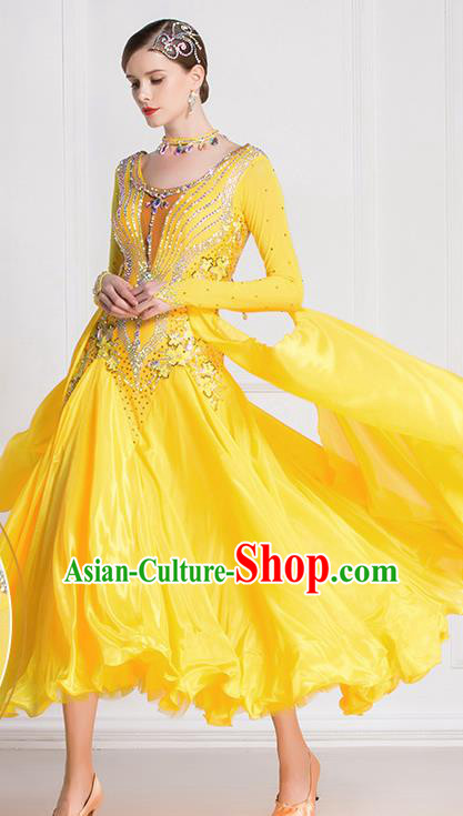 Professional International Waltz Dance Yellow Dress Ballroom Dance Modern Dance Competition Costume for Women