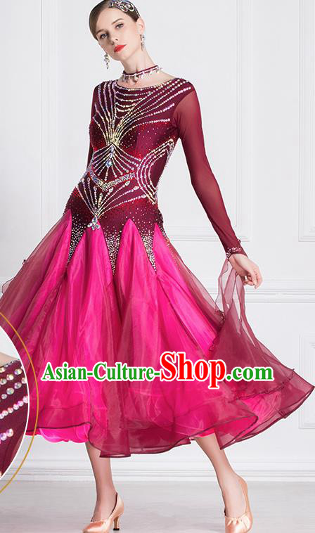 Professional International Waltz Dance Wine Red Dress Ballroom Dance Modern Dance Competition Costume for Women