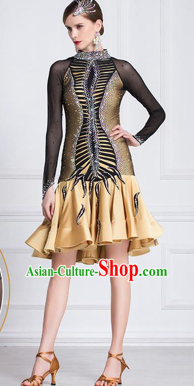 Top Grade Latin Dance Competition Golden Dress Modern Dance International Ballroom Dance Costume for Women